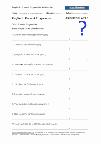 Arbeitsblatt 3 als Englisch-Test für das Present Progressive.