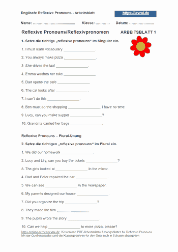 Arbeitsblatt 1 für reflexive pronouns (englische Reflexivpronomen).