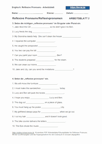 Arbeitsblatt 2 für reflexive pronouns (englische Reflexivpronomen).