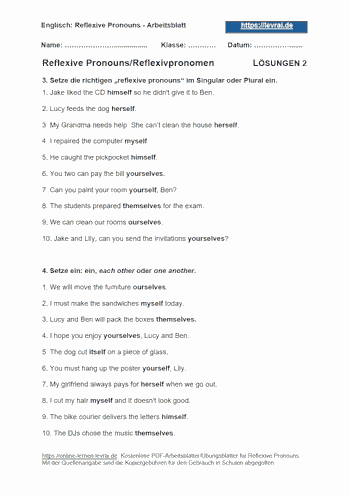 Arbeitsblatt 2 mit Lösungen für reflexive pronouns (englische Reflexivpronomen).