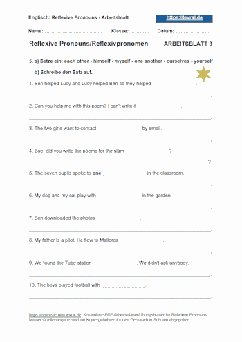 Arbeitsblatt 3 als Englisch-Test für reflexive pronouns (englische Reflexivpronomen).