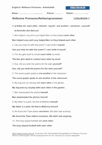 Arbeitsblatt und Übungsblatt 3 mit Lösungen für reflexive pronouns (englische Reflexivpronomen).