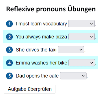 Übungen für reflexive pronouns - englische Reflexivpronomen.
