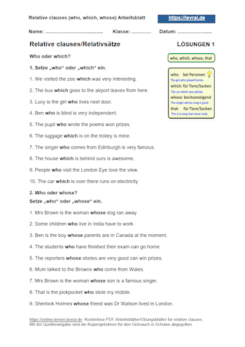 Arbeitsblatt und Übungsblatt mit Lösungen für relative clauses (englische Relativpronomen).