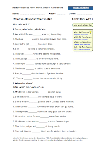 Arbeitsblatt 1 für relative clauses (englische Relativpronomen).