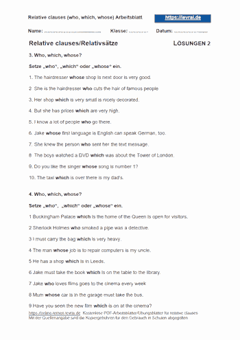 Arbeitsblatt 2 mit Lösungen für relative clauses (englische Relativpronomen).