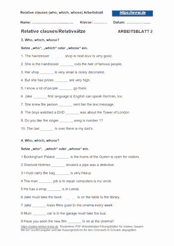 Arbeitsblatt 2 für relative clauses (englische Relativpronomen).