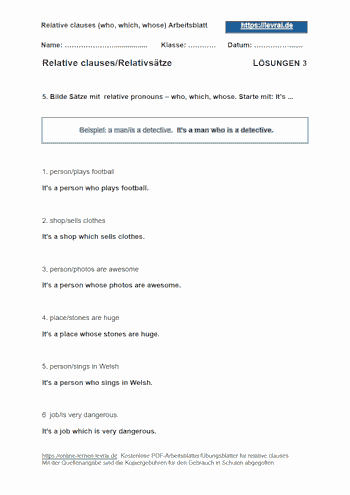 Arbeitsblatt und Übungsblatt 3 mit Lösungen für relative clauses (englische Relativpronomen).