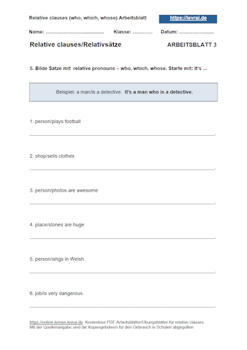 Arbeitsblatt 3 als Englisch-Test für relative clauses (englische Relativpronomen).