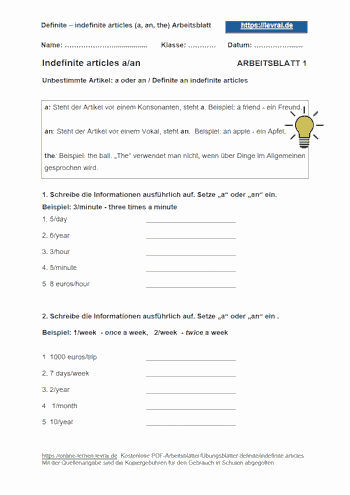 Arbeitsblatt 1 für a und an (indefinite articles).