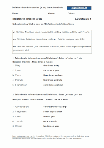 Arbeitsblatt und Übungsblatt mit Lösungen für a und an (indefinite articles).