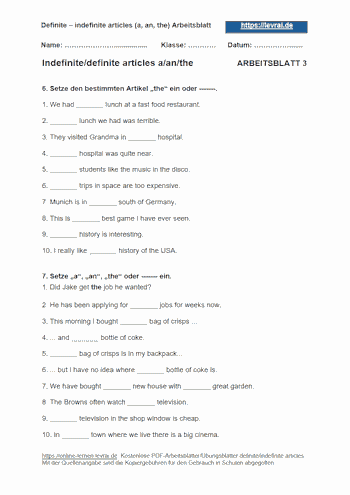 Arbeitsblatt 3 als Englisch-Test für a, an und the.