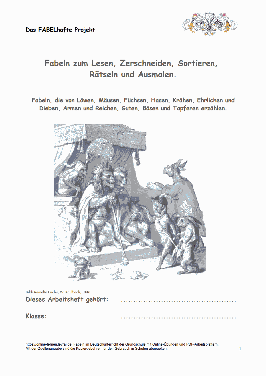 Fabeln Arbeitsblatt für die Grundschule mit Inhaltsverzeichnis