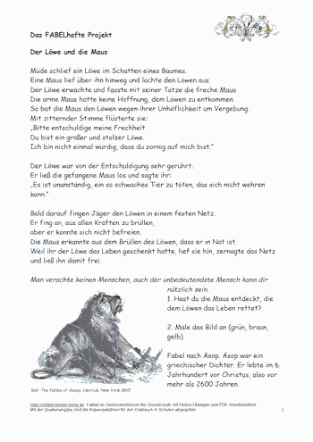 Fabel Arbeitsblatt für Der Löwe und die Maus - Grundschule