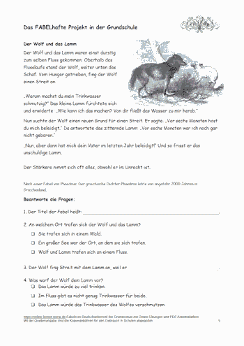 Fabel Arbeitsblatt für Der Wolf und das Lamm - Grundschule