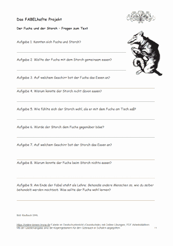Fabel Arbeitsblatt für Der Fuchs und der Storch mit Fragen.