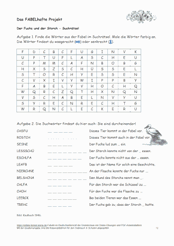 Fabel Arbeitsblatt für Der Fuchs und der Storch mit Suchraetsel.