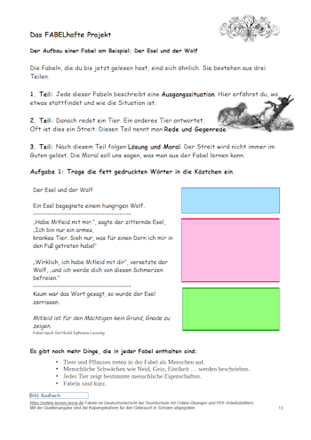 Fabel Arbeitsblatt für Der Rabe und der Fuchs.