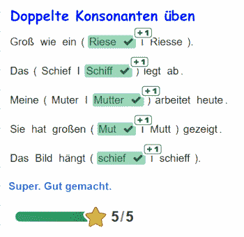Online Übungen zu doppelten Konsonanten in der Grundschule.