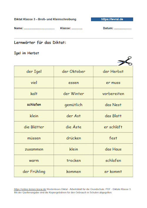 Lernwörter zum Diktat für die Groß- und Kleinschreibung.