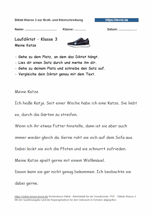 Laufdiktat für Klassse 3 zur Groß- und Kleinschreibung.
