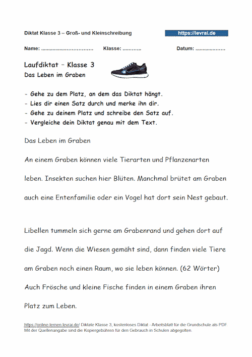 Laufdiktat für Klassse 3 zum Diktat für die Groß- und Kleinschreibung.