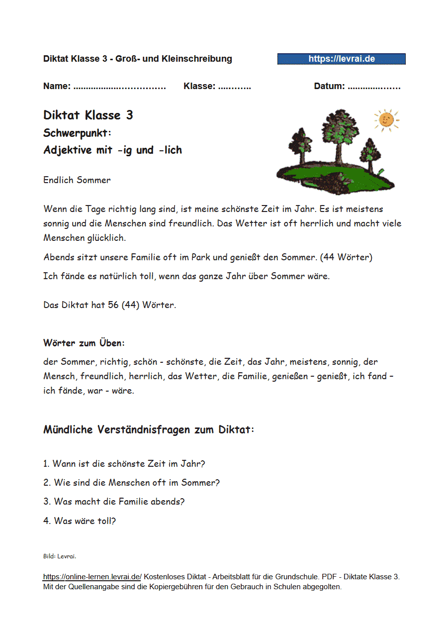 Diktat, Klasse 3 - ig- und - lich Endungen