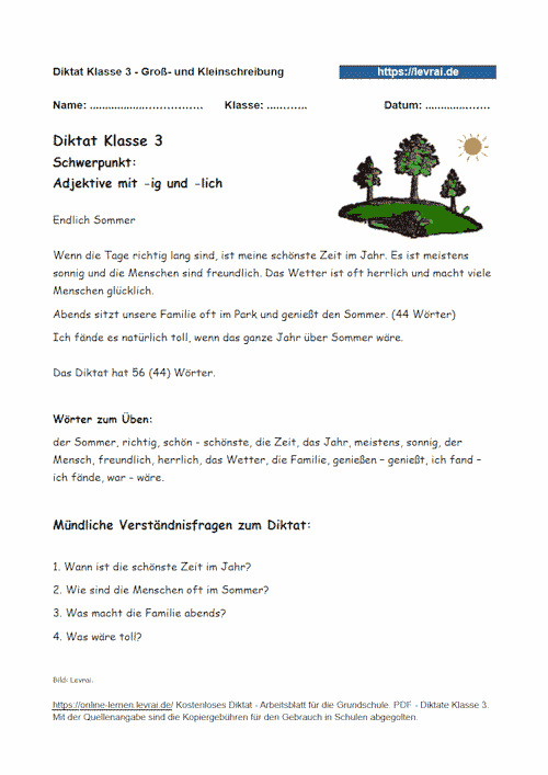 Diktat in Klasse 3 zu Adjektive mit den Endungen -ig und -lich.