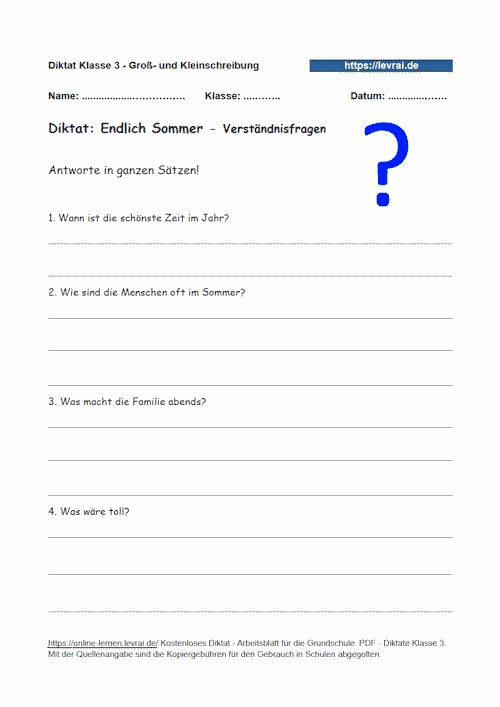 Verstädnisfragen zum Diktat mit dem Schwerpunkt Adjektive und ihre Endungen.