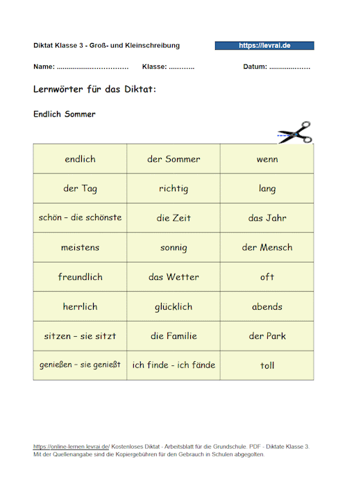 Lernwörter - Diktat zu Adjektiven, Verben und Nomen.