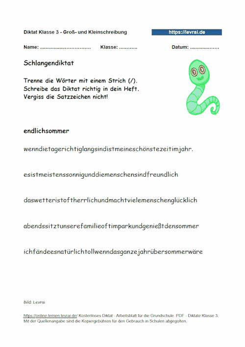 Wörterwurm, Schlangendiktat zum Diktat mit dem Schwerpunkt Groß- und Kleinschreibung von Adjektiven, Verben und Nomen.