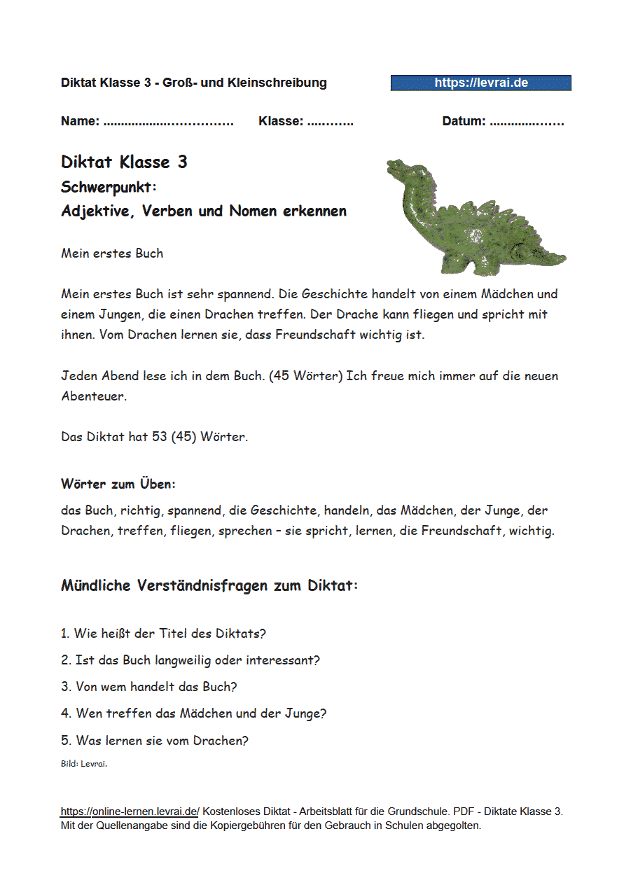 Diktat Klasse 3 zu Adjektiven, Verben und Nomen