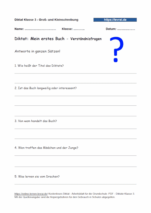 Verstädnisfragen zum Diktat zur Groß- und Kleinschreibung von Adjektiven, Verben und Nomen.