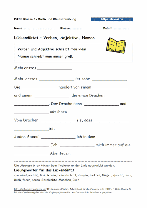 Lückendiktat mit Schwerpunkt Adjektive, Verben und Nomen.
