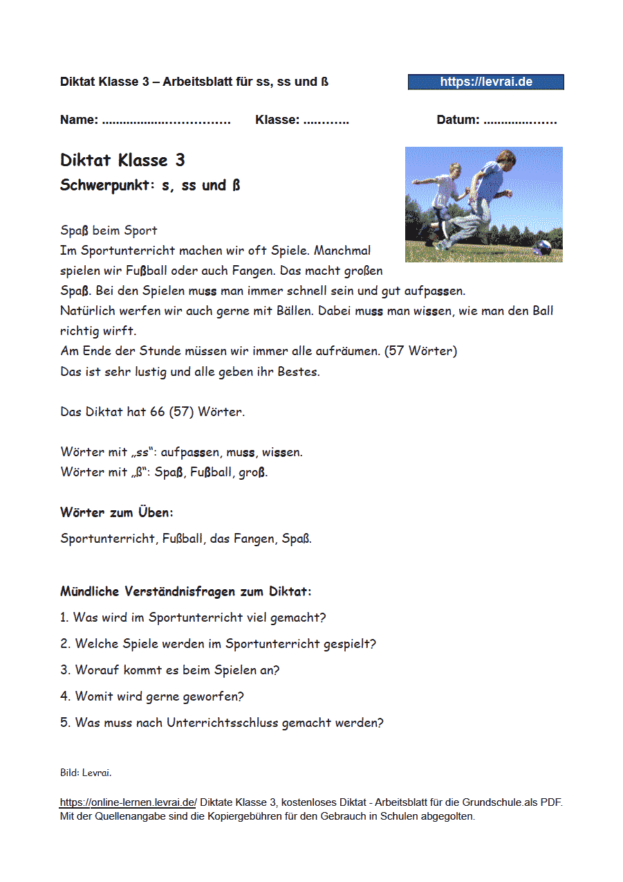 Diktat für Klasse 3 zu s, ss und ß