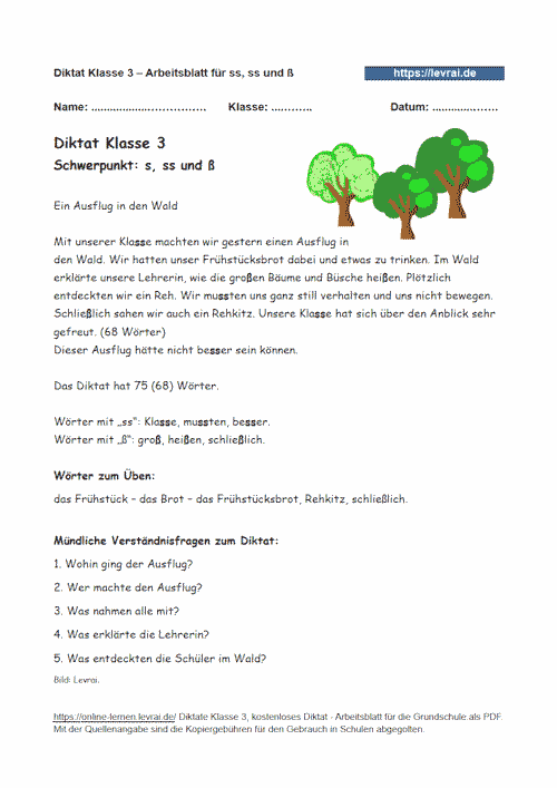 Diktat in Klasse 3 zu s, ss und ß als Arbeitsblatt.