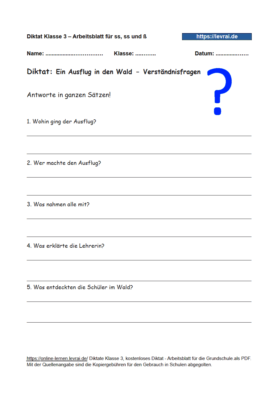 Diktat, Klasse 3 - s, ss und ß