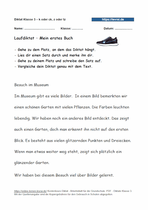 Laufdiktat zum Diktat mit dem Schwerpunkt k oder ck, z oder tz.