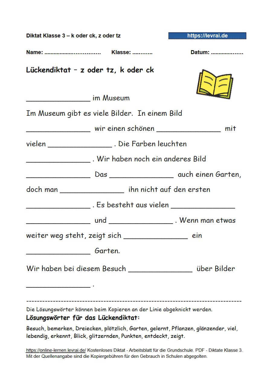 Diktat, Klasse 3 zu k oder ck, z oder tz