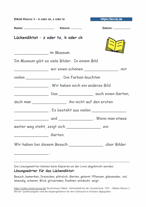 Lückendiktat mit Schwerpunkt k oder ck, z oder tz.