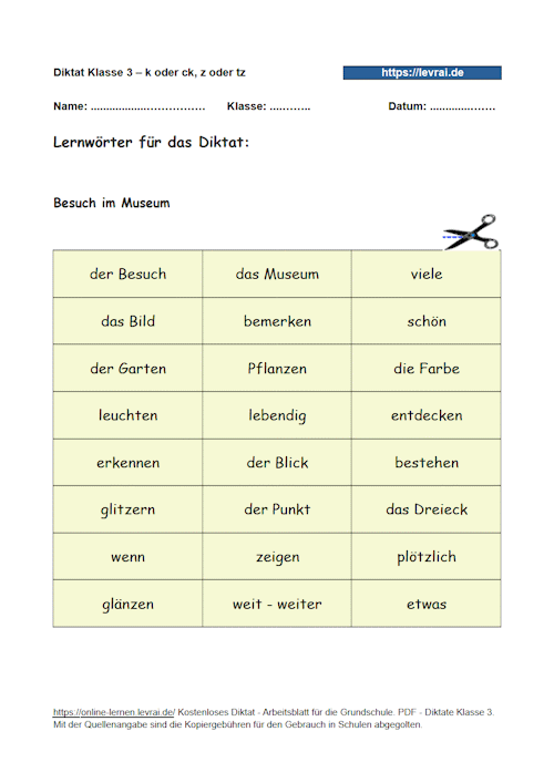 Lernwörter - Diktat mit Schwerpunkt k oder ck, z oder tz als Arbeitsblatt.