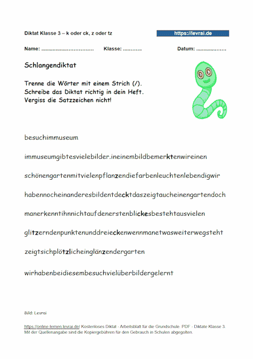 Wörterwurm, Schlangendiktat zum Diktat mit dem Schwerpunkt k oder ck, z oder tz als Arbeitsblatt.