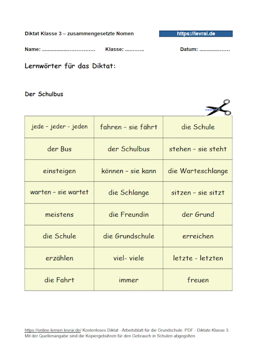 Lernwörter - Diktat mit Schwerpunkt zusammengesetzte Nomen.