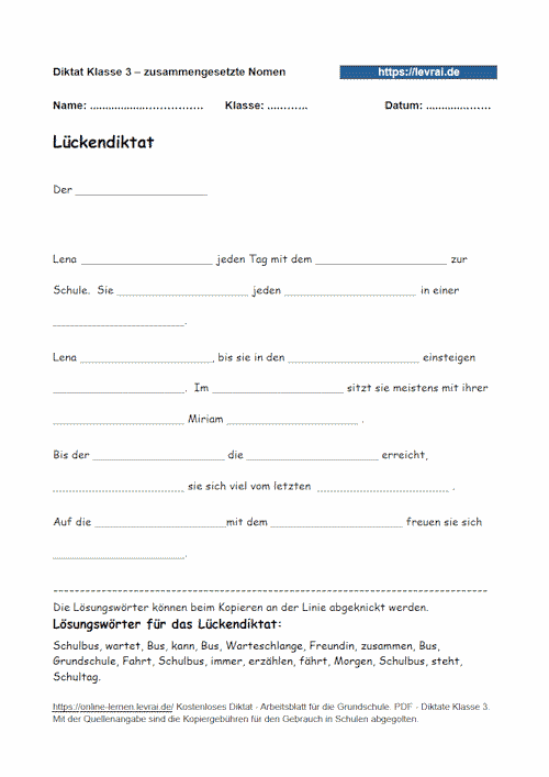 Lückendiktat mit Schwerpunkt zusammengesetzte Nomen.