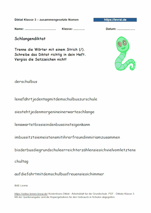 Wörterwurm, Schlangendiktat zum Diktat für Klasse 3 mit dem Schwerpunkt zusammengesetzte Nomen.