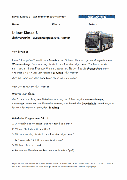 Diktat in Klasse 3 zu zusammengesetzten Nomen als Arbeitsblatt.