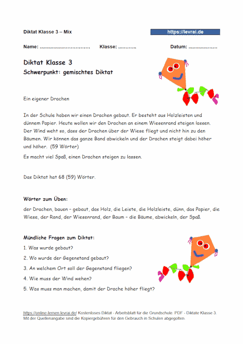 Diktat in Klasse 3 als gemischtes Diktat - Arbeitsblatt.