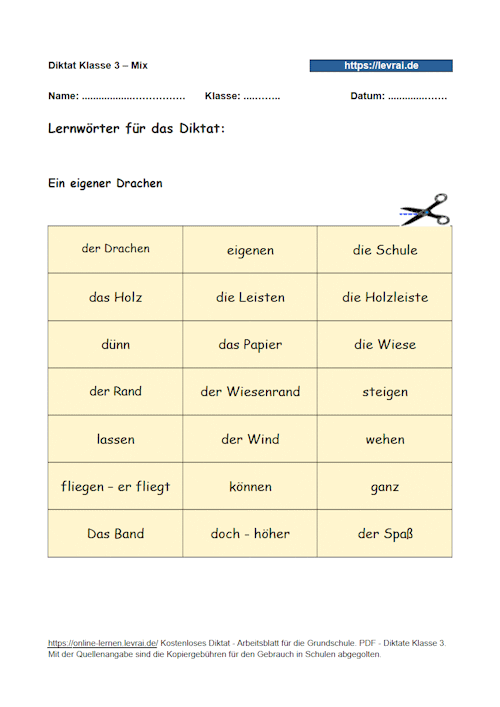 Lernwörter - Grundschul-Diktat als gemischtes Diktat.