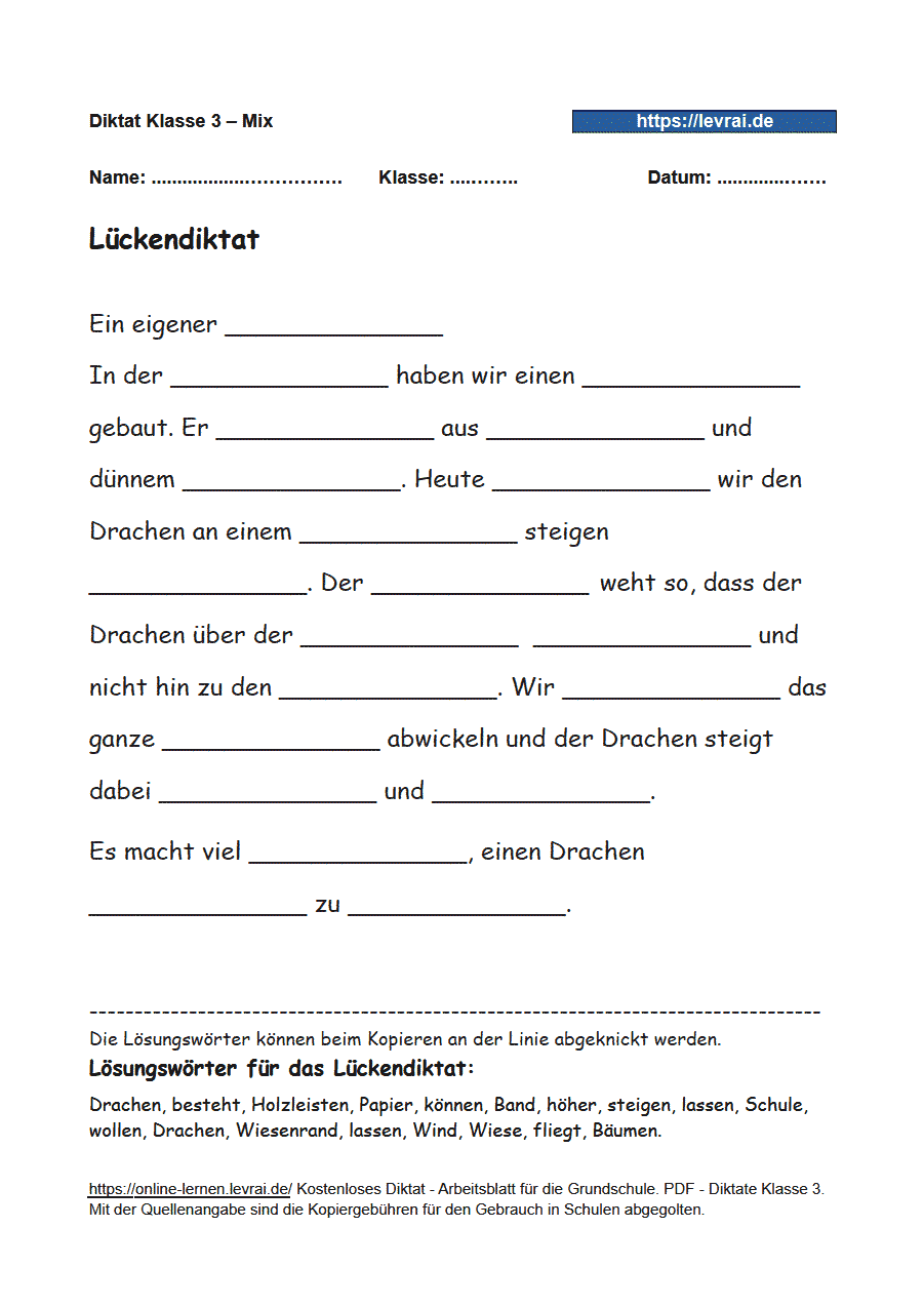 Diktat Klasse 3 - Grundschule