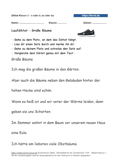 Laufdiktat zum Diktat zu e oder ä, eu oder äu in Klasse 3.
